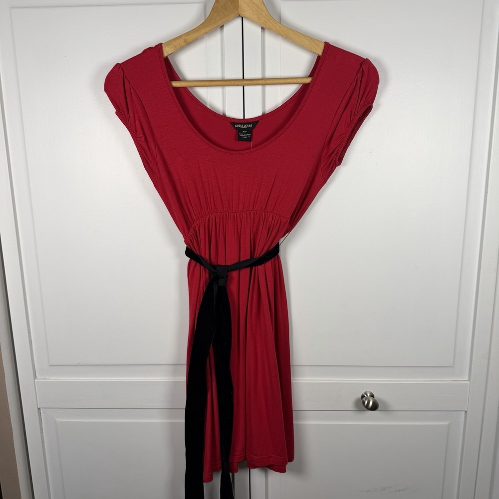 Guess Jeans New Women's Red Dress Cap Sleeve Velvet Belt Mini‎ Holiday Small